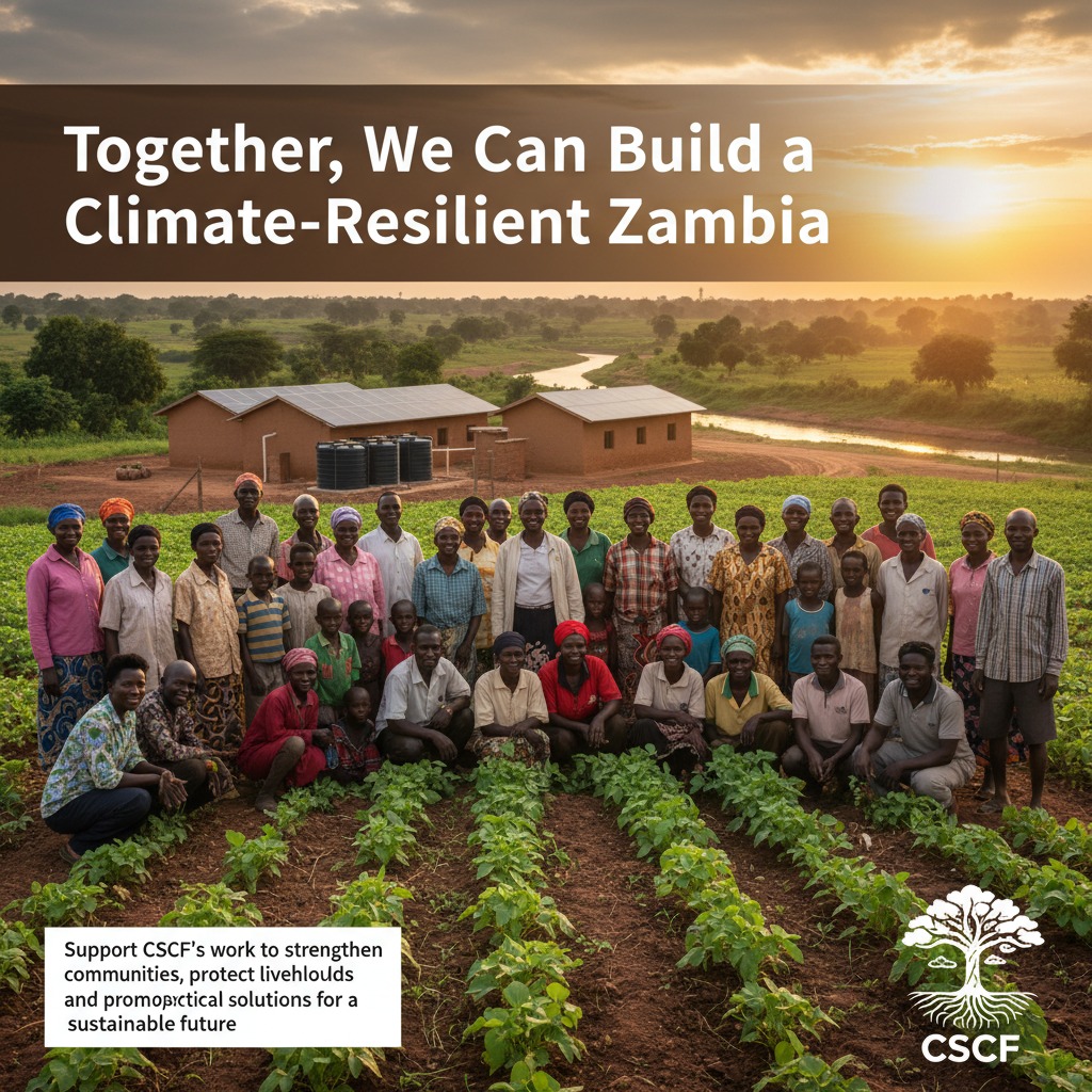 A large group of people stand in a field of crops in front of a rural building with solar panels at sunset, with text overlaying the image promoting a climate-resilient Zambia.