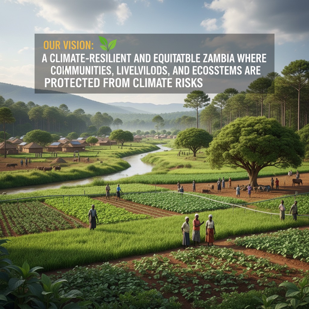 A lush, green rural landscape in Zambia features a winding river, small village houses, and community members tending to vibrant vegetable crops under a bright sky, with text overlay stating the vision for a climate-resilient and equitable Zambia.
